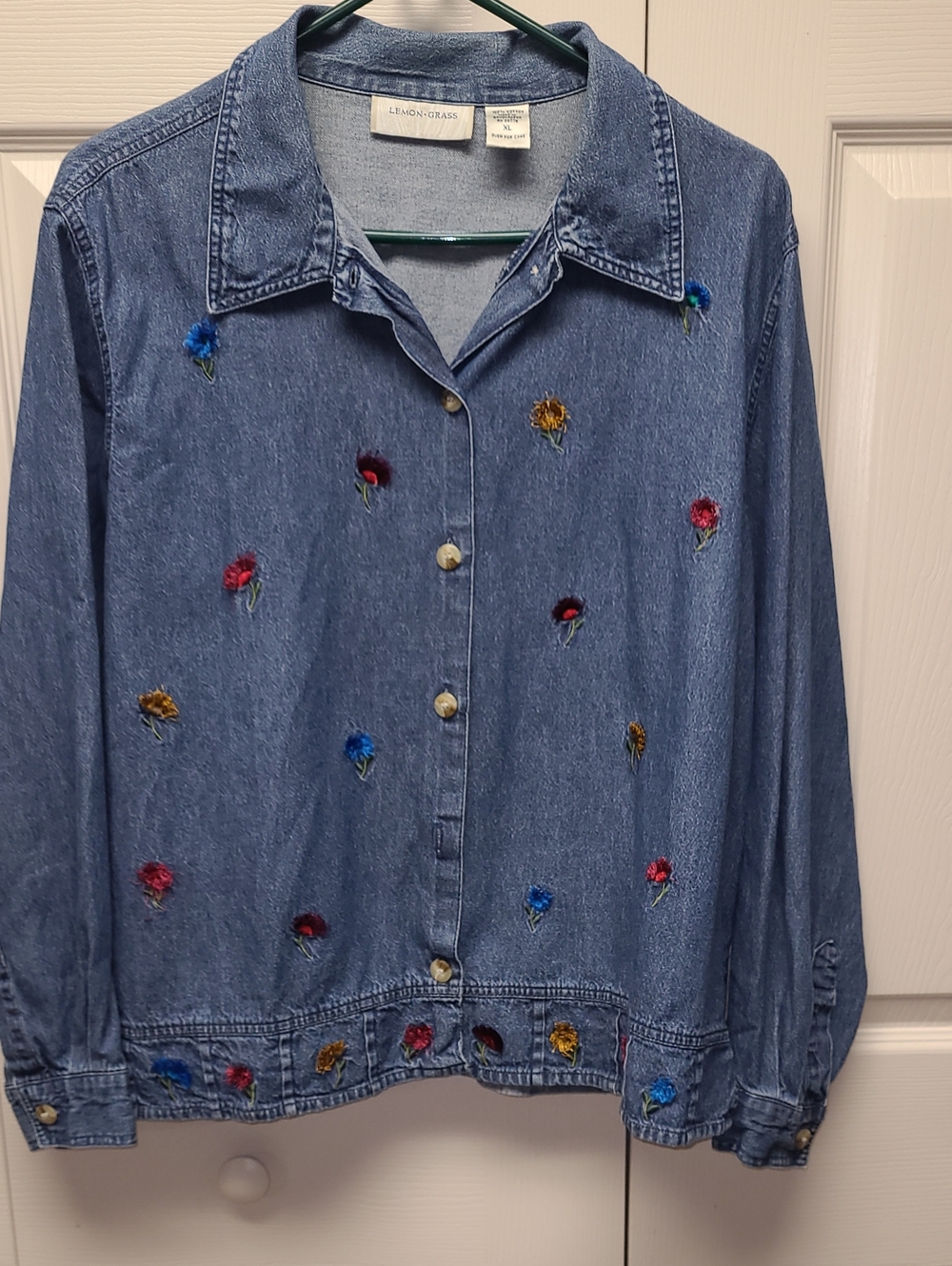Lemon Grass Blue Embroidered floral Long sleeve Denim Button-Down Shirt Jacket